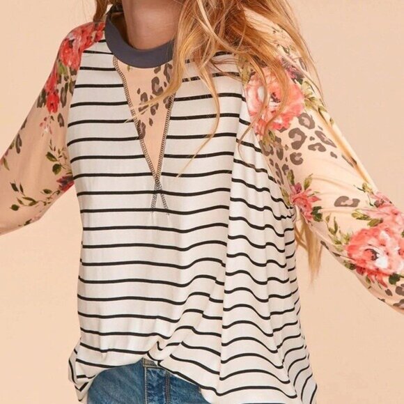 Striped Animal Floral Print Long Sleeve Shirt Women Small New Gray Peach - Picture 10 of 16